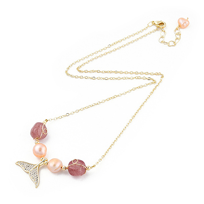 Natural Strawberry Quartz & Pearl Beaded Whale Tail Pendant Necklace with Brass Cable Chains for Women