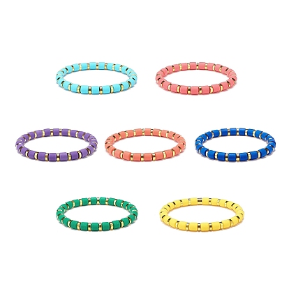7Pcs 7 Colors Column Polymer Clay Stretch Beaded Bracelets, with Golden Plated Brass Beads