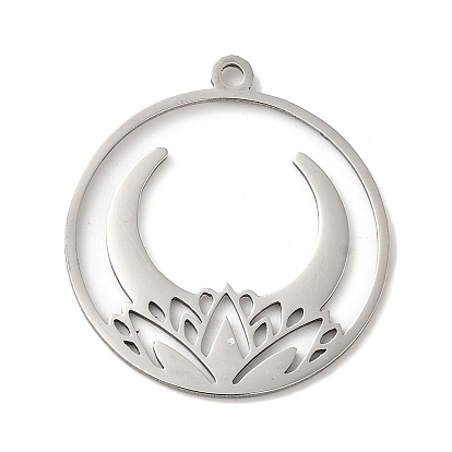 Pendentifs en acier inoxydable, plat rond avec croissant de lotus