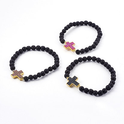 Natural Lava Rock Beads Stretch Bracelets, with Brass Links, with Druzy Acrylic, Cross