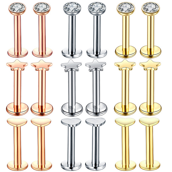 Плоские круглые/звездчатые/сердечные лабреты из нержавеющей стали с внутренней резьбой, 17 калибровочные пирсинг-гвоздики ювелирные изделия для женщин и мужчин