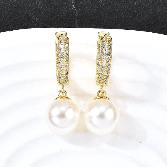 Круглые серьги-кольца из латуни с микропаве из прозрачных кубических цирконий, с имитацией абс-жемчужины, стойки покрытие, долговечный, без свинца и без кадмия