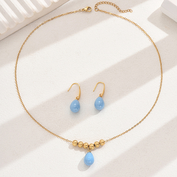 Модный комплект из колье и сережек в форме капли с настоящим 18k позолоченным искусственным жемчугом, 201 комплект украшений из нержавеющей стали для женщин