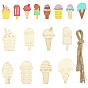 32Pcs 8 Styles Unfinished Blank Wooden Pendants, Ice Cream, with Jute Cord