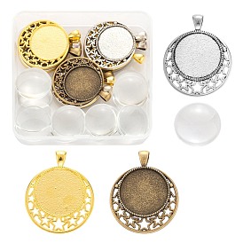 DIY Pendants Making Kits, Including 3 Colors Flat Round with Stars Alloy Pendant Cabochon Settings and 18Pcs Glass Cabochons