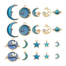 80Pcs 10 Style Celestial Alloy Enamel Pendants, Starry Sky Theme, Flat Round & Star & Moon & Planet & Cat, Light Gold