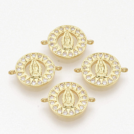 Brass Micro Pave Clear Cubic Zirconia Links Connectors, Flat Round with Virgin Mary