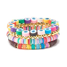 4Pcs 4 Style Handmade Polymer Clay Heishi Beads Stretch Bracelets Set, Evil Eye Protection Preppy Bracelets for Women