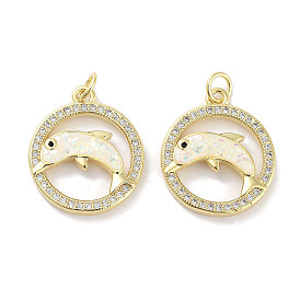Brass Micro Pave Clear Cubic Zirconia Pendants, with Synthetic Opal and Jump Rings, Real 18K Gold Plated, Ring with Dolphin Charms