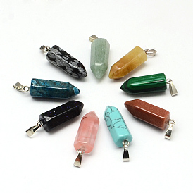 Mixed Pencil Gemstone Point Pendants, with Platinum Tone Brass Findings, 26x8x8mm, Hole: 6x2mm