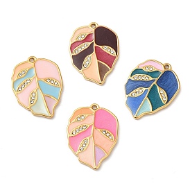 Real 18K Gold Plated 304 Stainless Steel Rhinestone Pendants, with Enamel, Leaf Charms