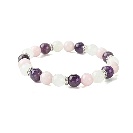 8.5mm Natural Rose Quartz & Quartz Crystal & Amethyst Round Beaded Stretch Bracelets for Women