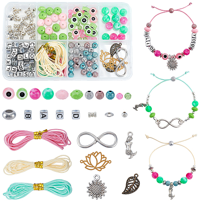 DIY-Set zur Herstellung von Armbändern mit bösem Blick, einschließlich Acrylbuchstaben & Harz & Glasperlen, Sonnenblumen-, Meerjungfrauen- und Blattlegierungsanhänger und Gliederverbinder