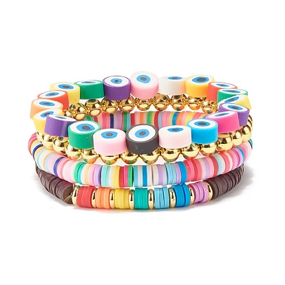 4Pcs 4 Style Handmade Polymer Clay Heishi Beads Stretch Bracelets Set, Evil Eye Protection Preppy Bracelets for Women