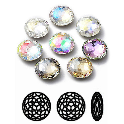 K 9 Glas-Strass-Cabochons, flacher Rücken & Rückseite plattiert, facettiert, Halbrund