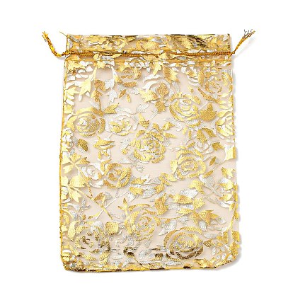 Gold Stamping Organza Bags, Drawstring Gift Bags, Rectangle with Rose