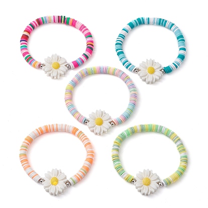 5Pcs 5 Color Polymer Clay Heishi Surfer Stretch Bracelets Set, Flower Resin Stackable Bracelets for Kids
