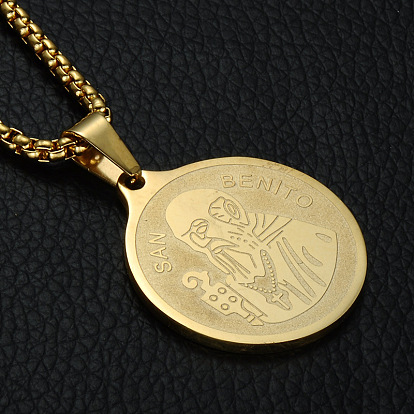 304 Stainless Steel Saint Benedict Medal Pendant Necklaces for Men