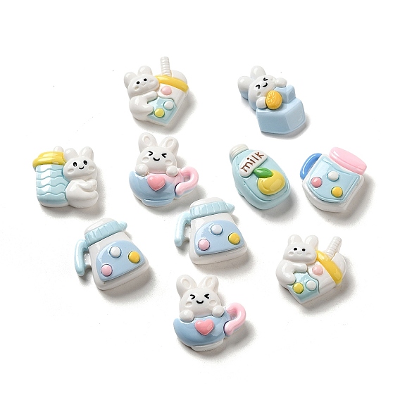 Rabbit Theme Opaque Resin Decoden Cabochons, Bubble Tea & Lemen Cup & Teapot, Mixed Shapes