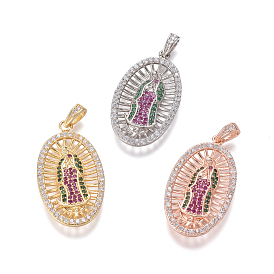 Religion Theme Brass Micro Pave Cubic Zirconia Pendants, Lady of Guadalupe Charms, Oval with Virgin Mary, Colorful