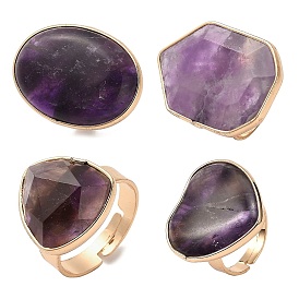 Natural Amethyst Finger Rings, Brass Adjustable Rings for Women, Golden