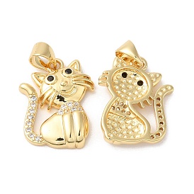 Rack Plating Brass Micro Pave Clear Cubic Zirconia Pendants, Cat Shape Charms, Long-Lasting Plated, Cadmium Free & Lead Free