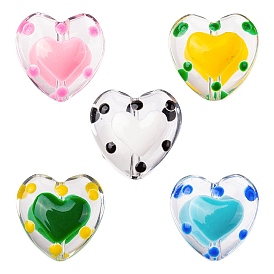 5Pcs 5 Colors Transparent Glass Heart Beads, with Enamel