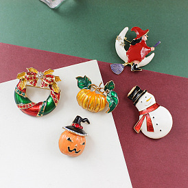 Flying Witch with Smiling Pumpkin Bow, Flower Crown & Snowman Christmas Brooch