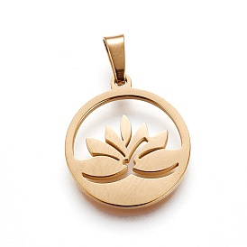 304 Stainless Steel Pendants, Ring with Lotus