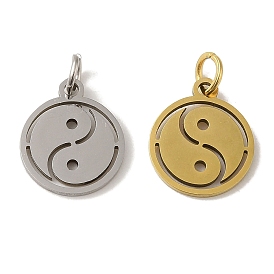 Vacuum Plating 201 Stainless Steel Charms, with Jump Rings, Laser Cut, Flat Round with Yin Yang Charm