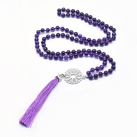 Alloy Pendant Necklaces, with Natural Amethyst Beads and Nolyn Tassels