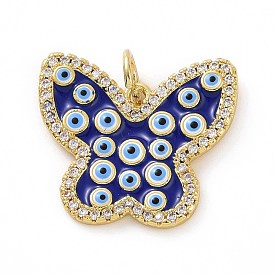 Brass Micro Pave Clear Cubic Zirconia Pendants, Real 18K Gold Plated, with Enamel and Jump Ring, Butterfly with Evil Eye Charms