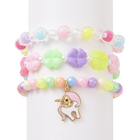 Ensemble de bracelets extensibles en perles d'imitation et trèfle acrylique style pcs 3, alliage émail breloques licorne bracelets empilables pour enfants