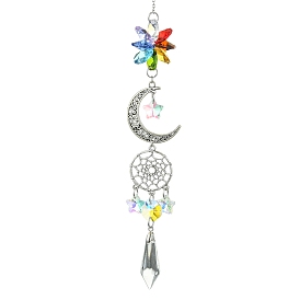 Moon Tibetan Style Alloy Hanging Ornaments, Flower Chakra Glass Beads & Star Cone Tassel Suncatchers for Garden Home Decorations