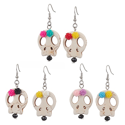 Латунь болтаться серьги, с бусинами в виде черепа из сплава и кабошонами из цветочной смолы, для Хэллоуина