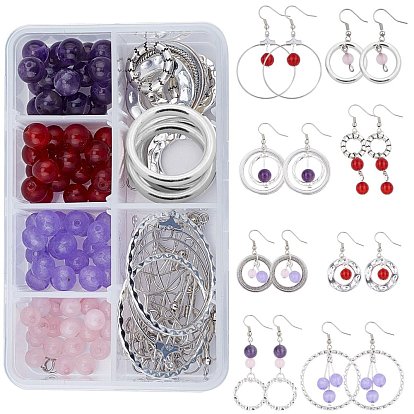 Fabrication de boucles d'oreilles bricolage, avec des perles de jade naturel et de quartz rose et de jade de Malaisie et d'améthyste, alliage reliant des anneaux et des boucles d'oreilles en laiton crochets