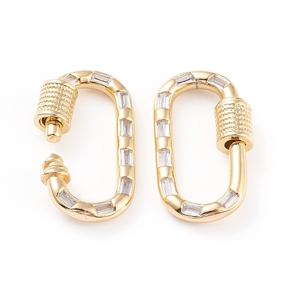 Brass Micro Pave Cubic Zirconia Screw Carabiner Lock Charms, for Necklaces Making, Long-Lasting Plated, Oval, Real 18K Gold Plated