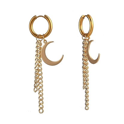 304 Stainless Steel Huggie Hoop Earrings, Hypoallergenic Earrings, with Brass Pendants & Curb Chains, Moon