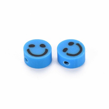 Handmade Polymer Clay Beads, Flat Round with Smiling Face