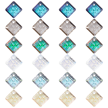 24Pcs 6 Colors Embossed Glass Rhinestone Pendants, Abnormity Embossed Style, Rhombus, Faceted