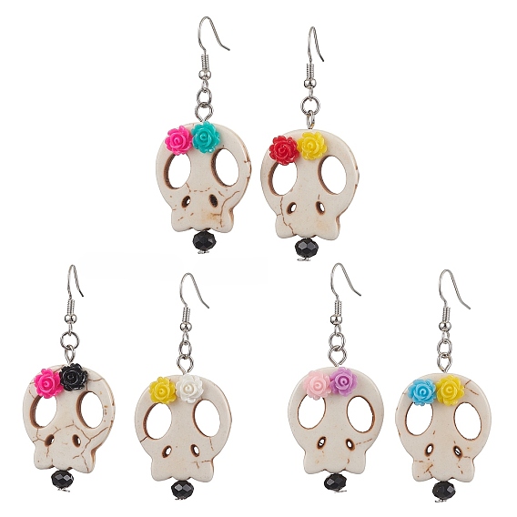 Латунь болтаться серьги, с бусинами в виде черепа из сплава и кабошонами из цветочной смолы, для Хэллоуина