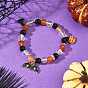 Halloween Alloy Enamel Witch Hat Bat Pumpkin Charm Natural Black Onyx(Dyed & Heated) & Carnelian & Quartz Crystal Round Stretch Bracelets, Platinum