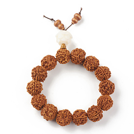 Mala Beads Bracelet, Round Natural Rudraksha Beaded Stretch Bracelet for Women, with Plastic Lotus