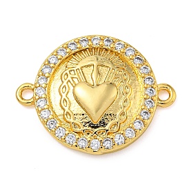 Rack Plating Brass Micro Pave Clear Cubic Zirconia Religion Sacred Heart Links, Flat Round Connector Charms, Lead Free & Cadmium Free, Long-Lasting Plated