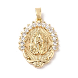 Brass Clear Cubic Zirconia Pendants, Long-Lasting Plated, Oval with Holy Virgin Charms