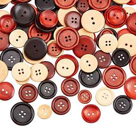 Natural 4 Hole & 2-Hole Buttons, Wooden Buttons, Dyed, Flat Round