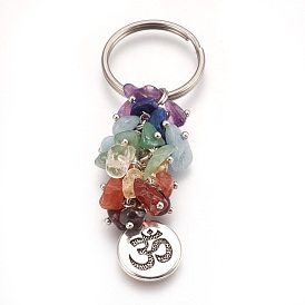Natural Gemstone Keychain, with Brass Findings, Flat Round with Ohm