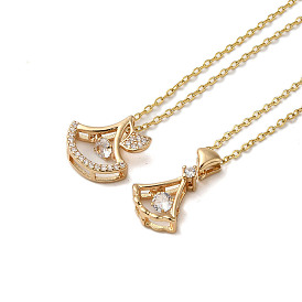 Brass Micro Pave Cubic Zirconia Ginkgo Leaf Pendant Necklaces, 201 Stainless Steel Cable Chain Necklaces for Women