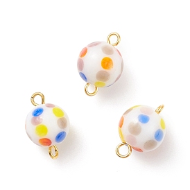 Handmade Lampwork Connector Charms, with Brass Double Loops, Round with Colorful Polka Dot Pattern