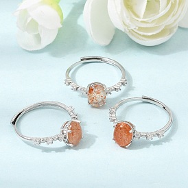 Brass Micro Pave Cubic Zirconia Finger Rings, Oval, with Natural Sunstone, Platinum
